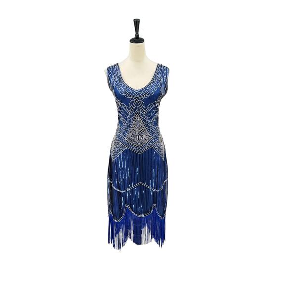 Babeyond NWT Royal Blue Sequin Beaded Fringe Flapper Style Midi Dress - Picture 1 of 12